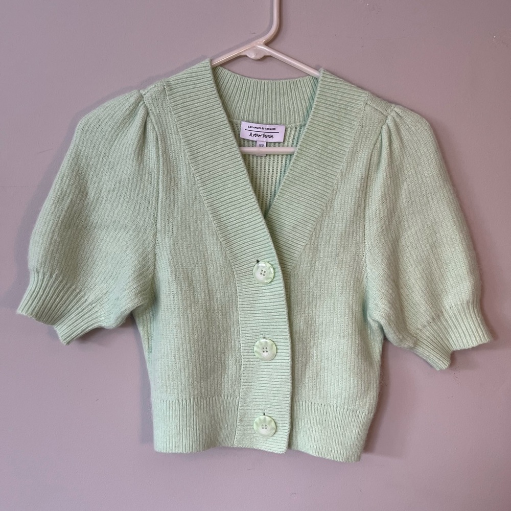 Los Angeles & Other Stories Mint Green Puff Sleeve Cardigan Sweater Size XS